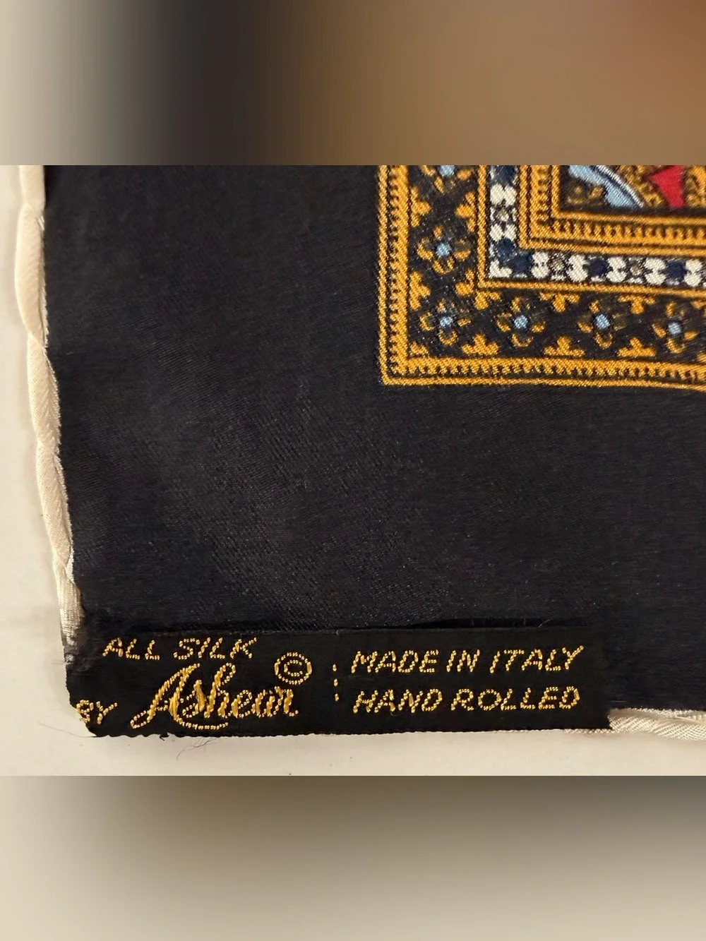 Vintage Ashear silk Paisley neck scarf Square - Red, gold, black + blue
